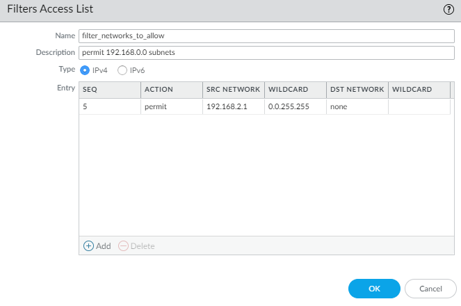 Access List configuration for IPv4 entry.